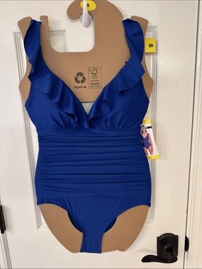 Dkny Royal Blue Ruffle One-Piece Swim